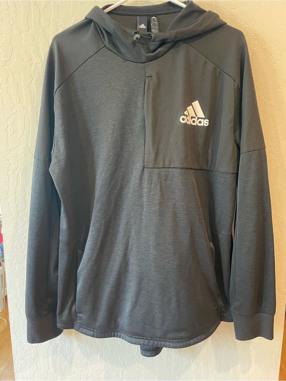 Adidas Men's Hoodie Large Black Mesh Panel Pullover Zip Pocket Athletic